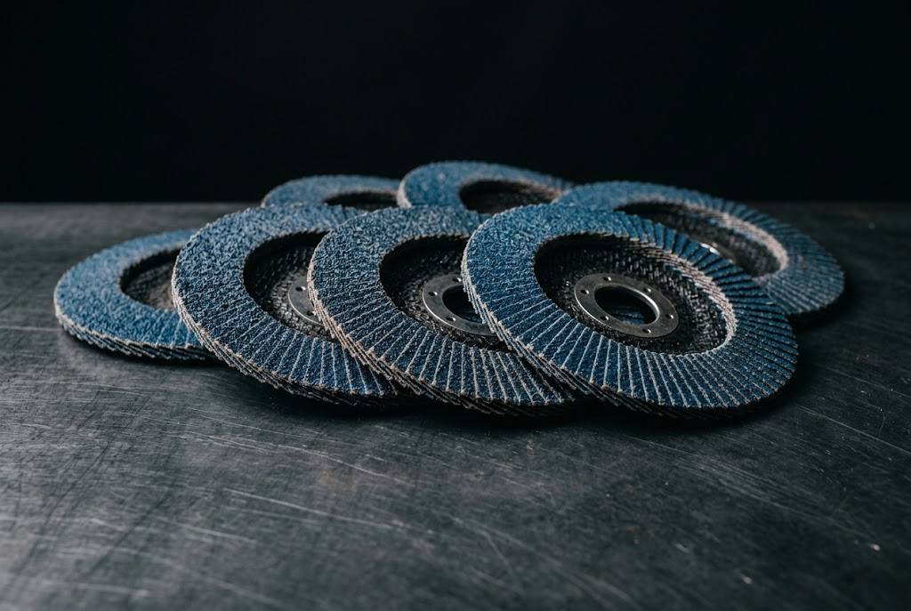 Stack of abrasive flap discs in standard and custom sizes