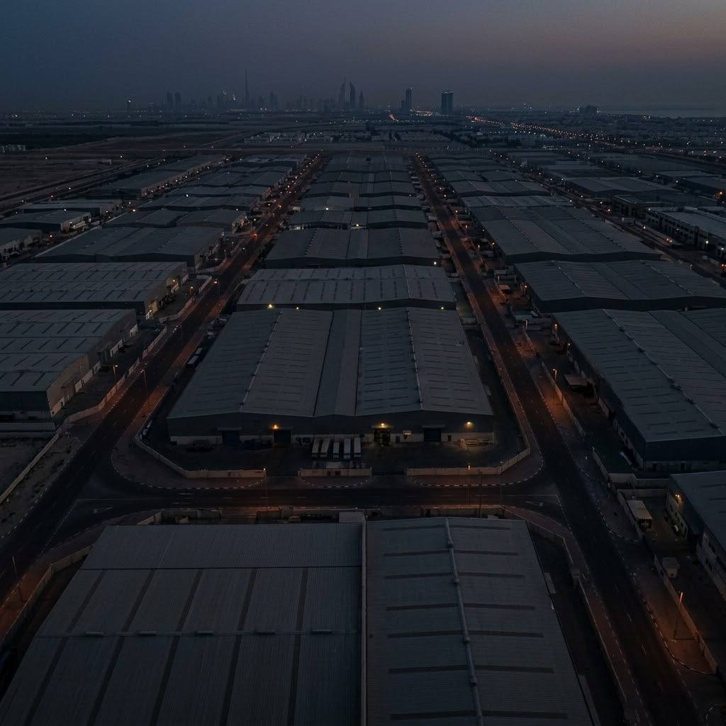 Dubai industrial district at dusk